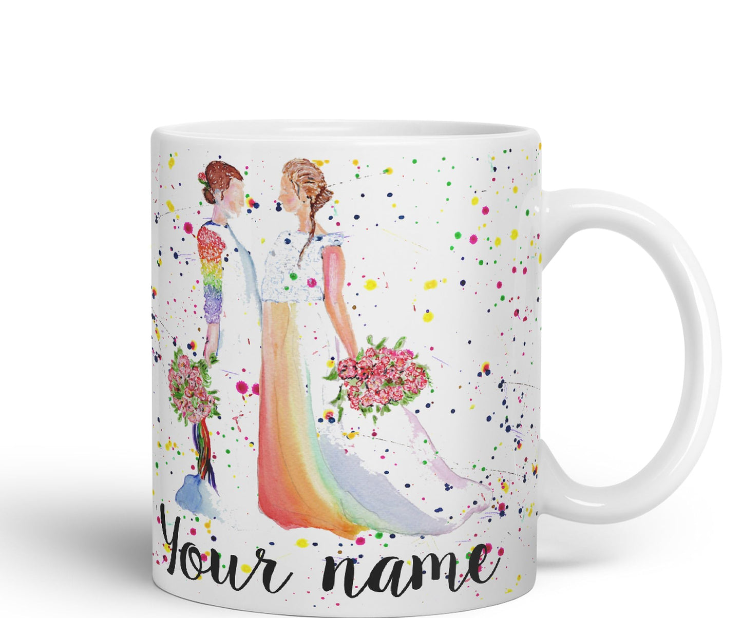 Vixar Personalised with Your Text Wedding Mrs and Mrs Pride Lesbian Art Coloured Ceramic Mug Cup Gift 330ml 11oz Custom Work Office Tea Coffee