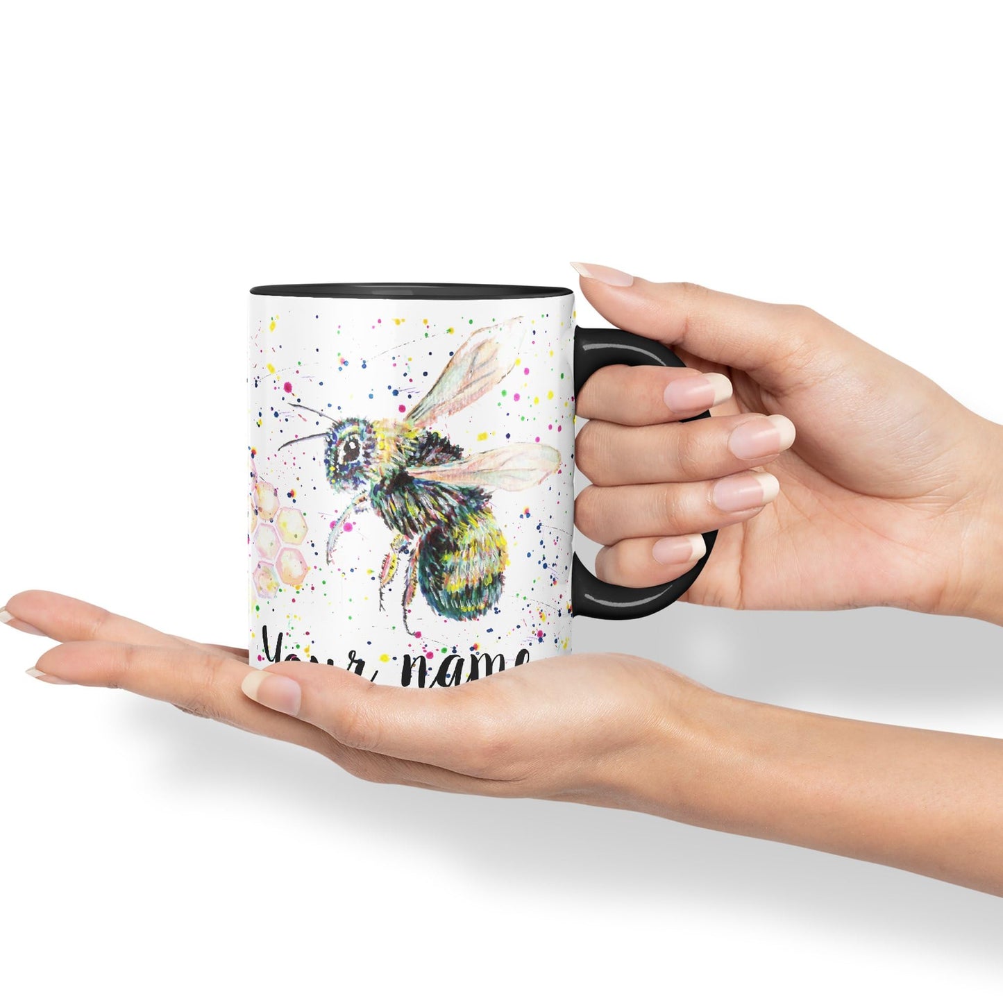 Personalised mug with Your Text name Bees bee Honeycomb animals Watercolour Art Coloured Ceramic Mug Cup Gift 330ml 11oz Custom Work Office Tea Coffee