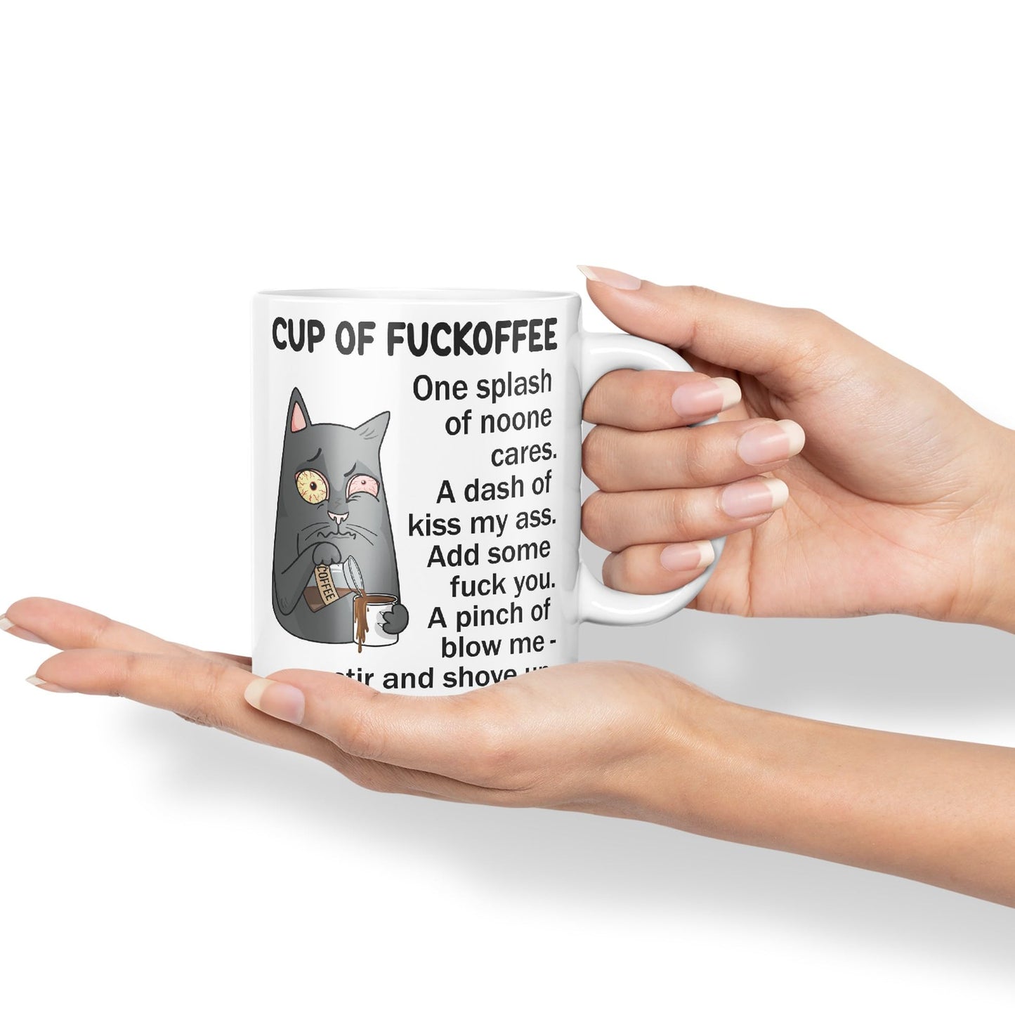 Cup of Fuckoffee, one Splash on Noone Cares cat Sarcastic Joke Ceramic Coloured Mug Cup for Tea Coffee Hot Brew 330ml 11Oz