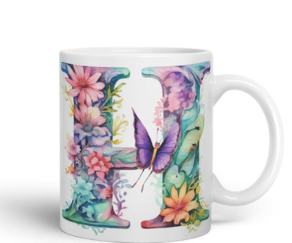Letter H mug, Floral flowers butterfly Alphabet Letter H Monogram watercolour Ceramic Coloured Mug Cup for Tea Coffee Hot brew 330ml 11Oz Gift