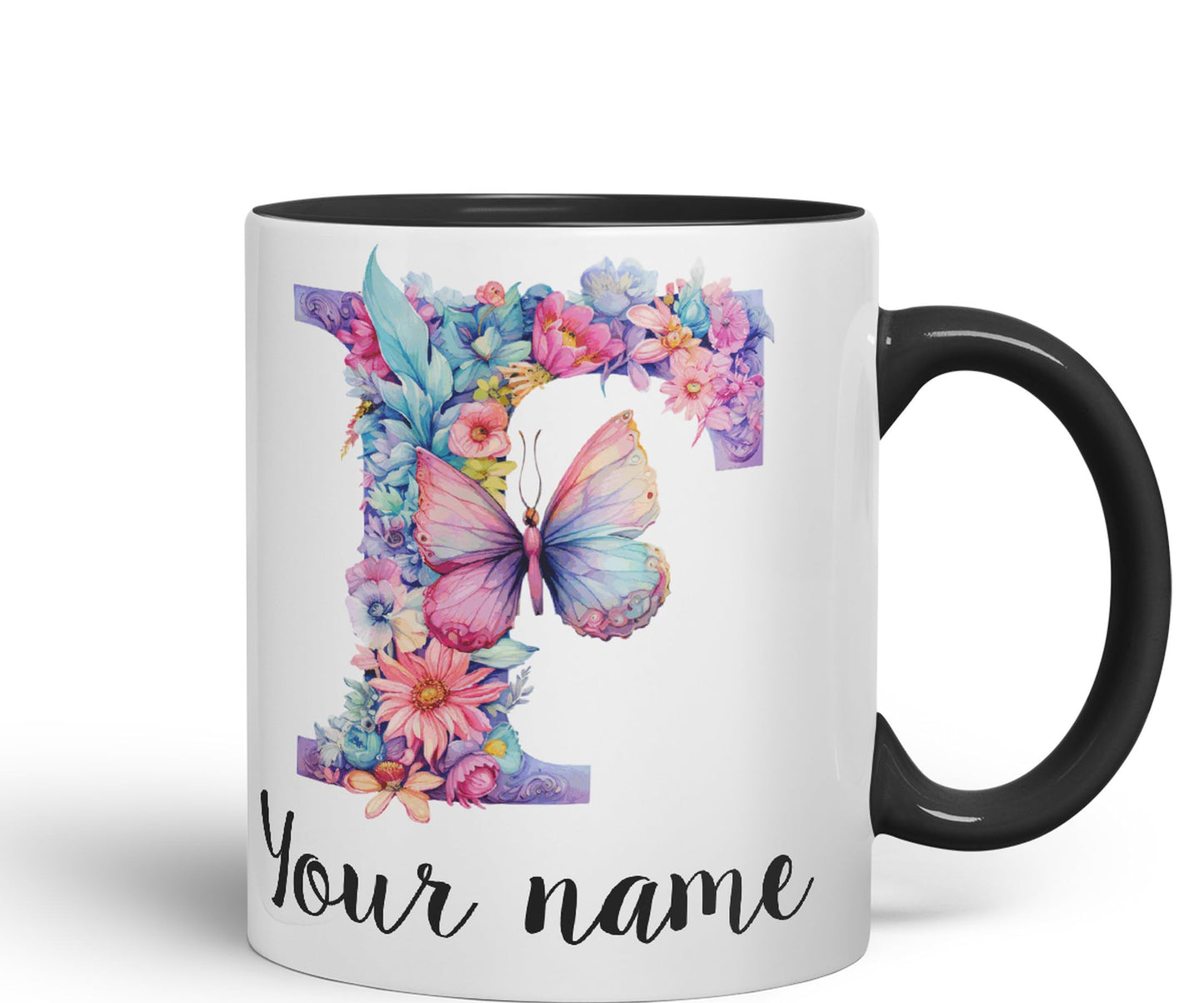 Personalised Letter F mug, Customized Custom Floral flowers butterfly Alphabet Letter F Monogram watercolour Ceramic Coloured Mug Cup for Tea Coffee Hot brew 330ml 11Oz Gift