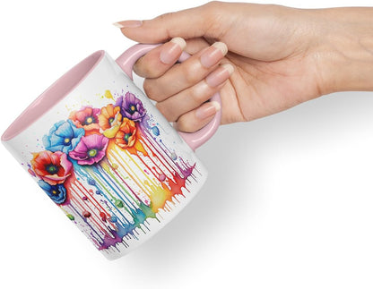 Vixar Poppy Field Art Mug Coloured Ceramic Mug Cup Gift, 11oz (Pink)