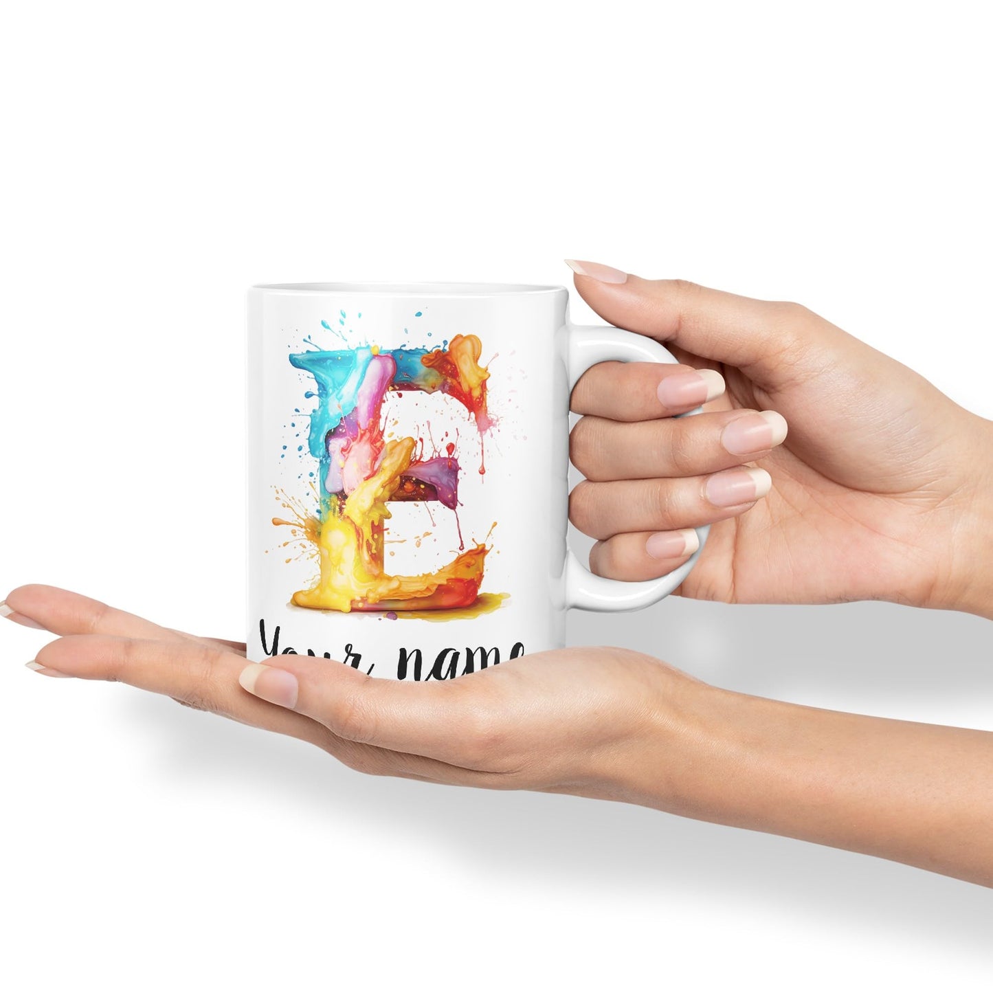 Personalised Letter E mug, Alphabet cusomized custom your Letter E Monogram watercolour Ceramic Coloured Mug Cup for Tea Coffee Hot brew 330ml 11Oz Gift