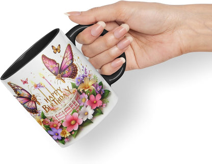 Vixar Happy Birthday Pink Cake Butterflies Coloured Ceramic Mug Cup Gift 11oz V10 (Black)