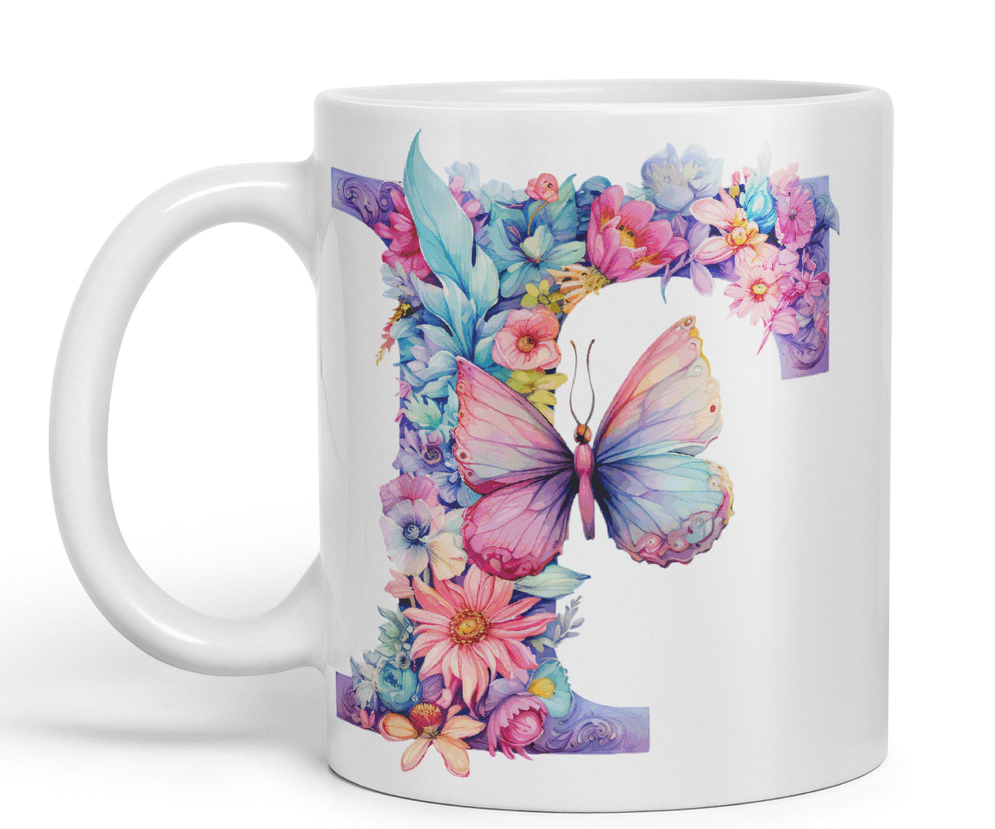 Letter F mug, Floral flowers butterfly Alphabet Letter F Monogram watercolour Ceramic Coloured Mug Cup for Tea Coffee Hot brew 330ml 11Oz Gift