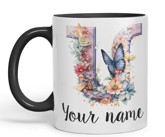 Personalised Letter U mug, Customized Custom Floral flowers butterfly Alphabet Letter U Monogram watercolour Ceramic Coloured Mug Cup for Tea Coffee Hot brew 330ml 11Oz Gift