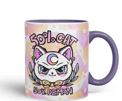 Vixar 50% Cat 50% Demon Cute cat Lovers, Kawaii Joke Coloured Ceramic Mug Cup Gift 330ml 11oz Work Office Tea Coffee