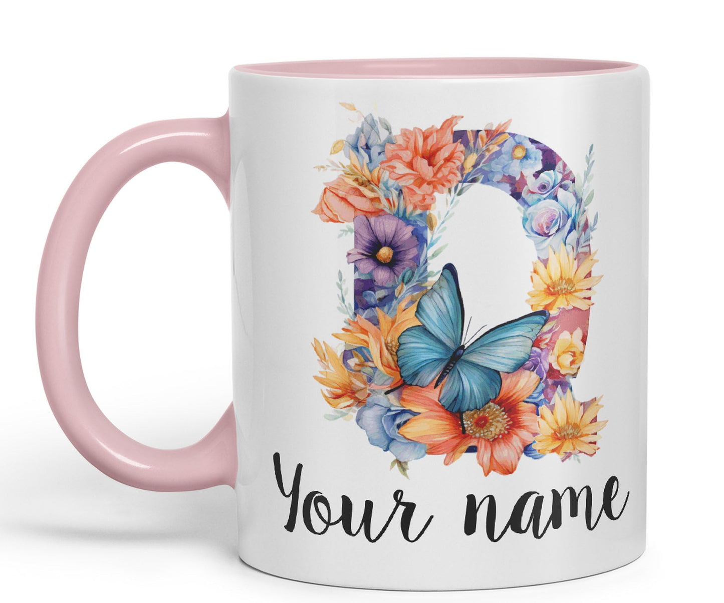 Personalised Letter Q mug, Customized Custom Floral flowers butterfly Alphabet Letter Q Monogram watercolour Ceramic Coloured Mug Cup for Tea Coffee Hot brew 330ml 11Oz Gift