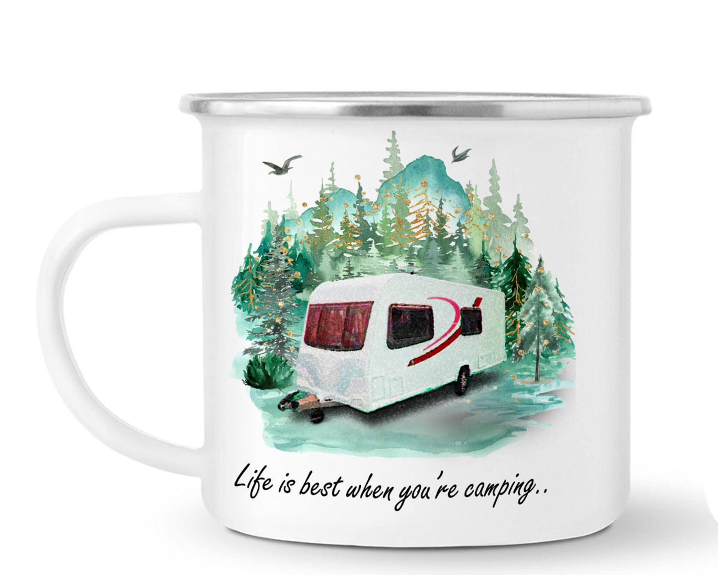 Vixar Enamel Mug Cup, is Ideal for Camping, Caravan, Fishing & Travel, in White with Silver Trim, 10oz, Coffee Tea, Gift, Christmas, Birthday Gift (Life is Best When You're Camping)