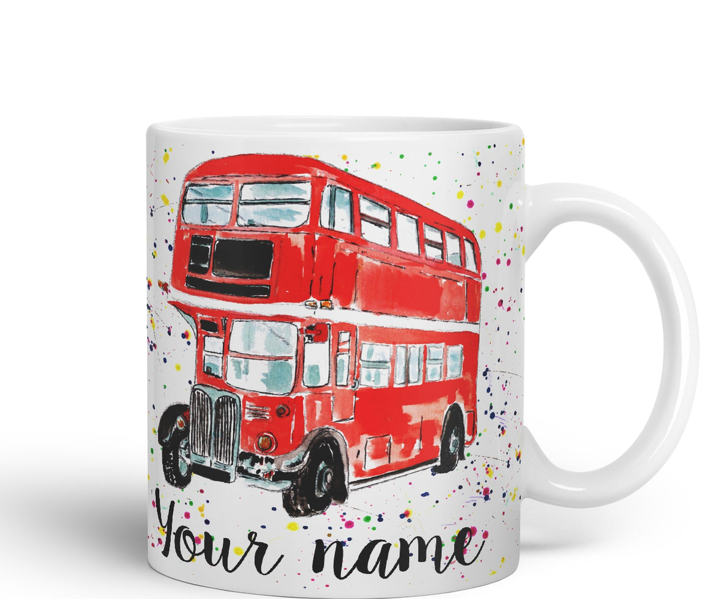 Vixar Personalised with Your Text Red Bus Classic London Busses Watercolour Art Coloured Ceramic Mug Cup Gift 330ml 11oz Custom Work Office Tea Coffe