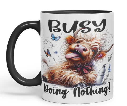 Busy Doing Nothing Scottish Highland Cow Joke sarkasm Sarcastic Ceramic Coloured Mug Cup for Tea Coffee Hot Brew 330ml 11Oz Gift