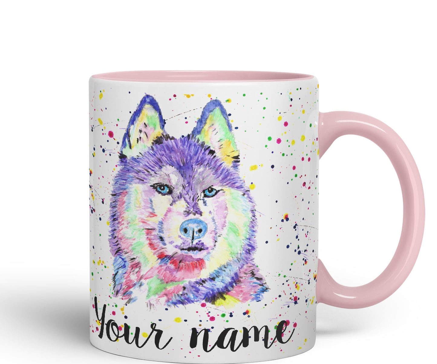 Vixar Personalised with Your Text Husky Snow Dog Pet Animals Watercolour Art Coloured Ceramic Mug Cup Gift 330ml 11oz Custom Work Office Tea Coffee