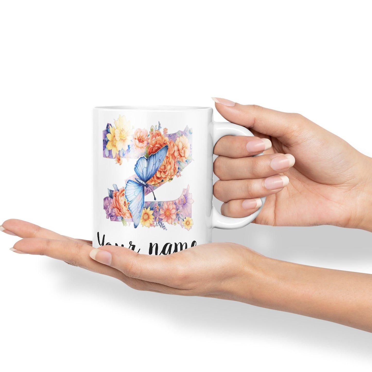 Personalised Letter Z mug, Customized Custom Floral flowers butterfly Alphabet Letter Z Monogram watercolour Ceramic Coloured Mug Cup for Tea Coffee Hot brew 330ml 11Oz Gift