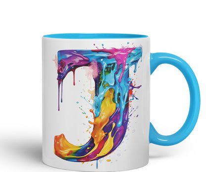 Letter J mug, Alphabet Letter J Monogram watercolour Ceramic Coloured Mug Cup for Tea Coffee Hot brew 330ml 11Oz Gift