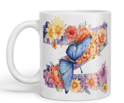 Letter Z mug, Floral flowers butterfly Alphabet Letter Z Monogram watercolour Ceramic Coloured Mug Cup for Tea Coffee Hot brew 330ml 11Oz Gift