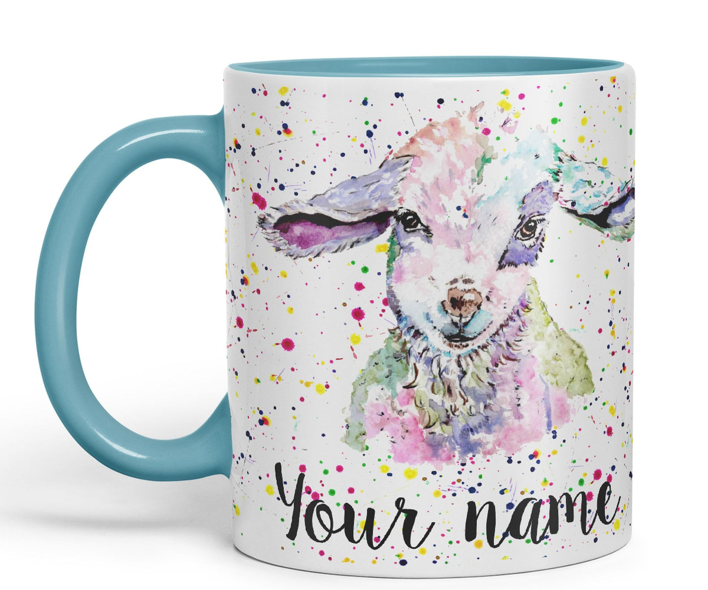 Vixar Personalised with Your Text Lamb Sheep Hogget Farm Animals Watercolour Art Coloured Ceramic Mug Cup Gift 330ml 11oz Custom Work Office Tea Coffee