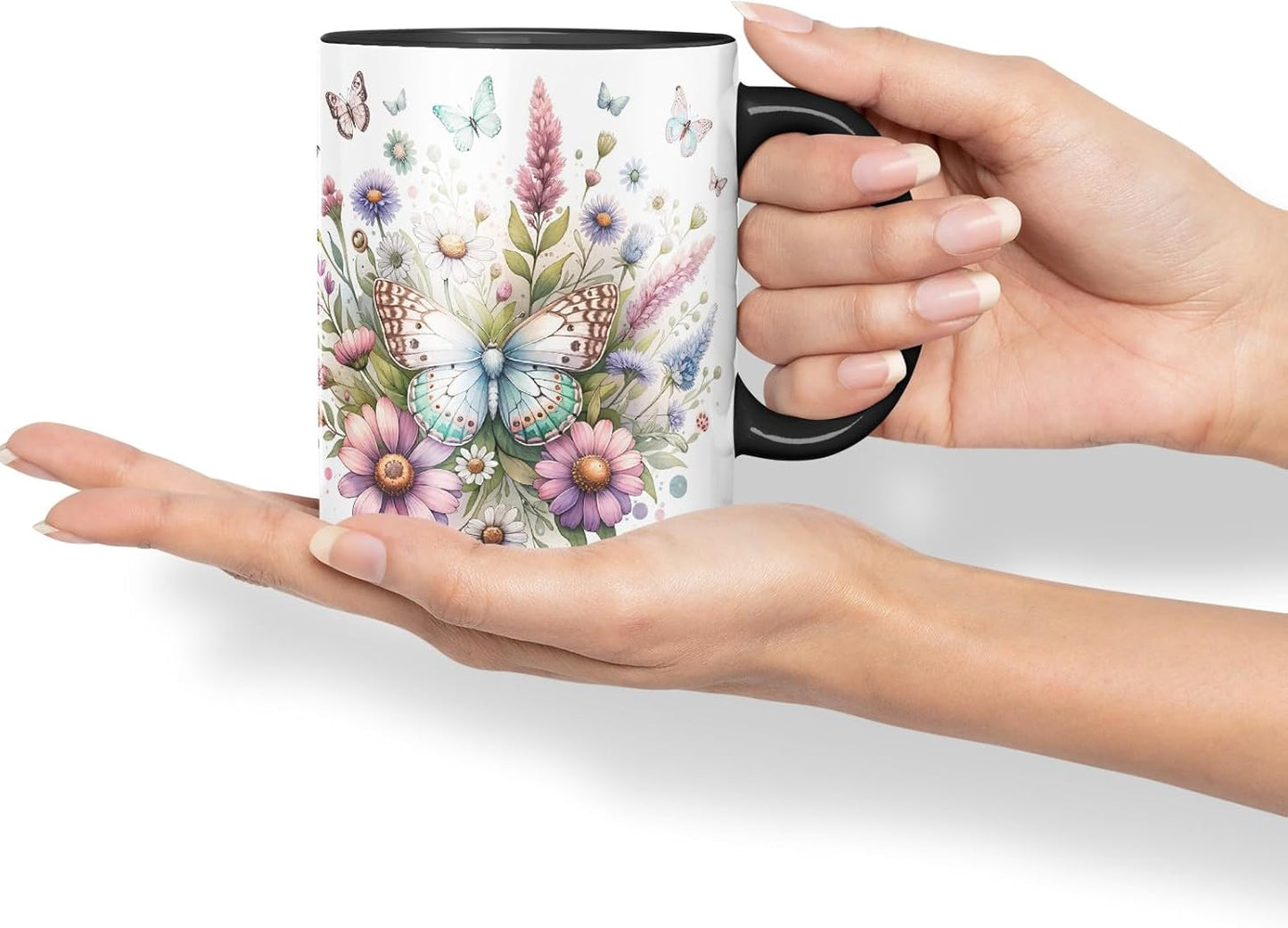 Vixar Butterflies and Wildflowers Coloured Mug Cup Floral Garden Nature Gift 11oz (Black)