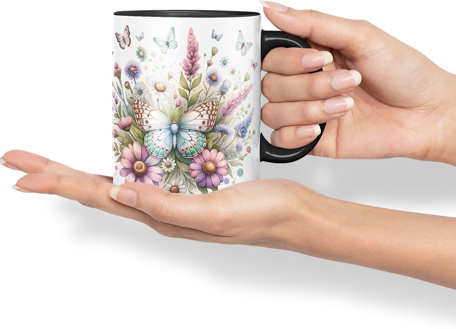 Vixar Butterflies and Wildflowers Coloured Mug Cup Floral Garden Nature Gift 11oz (Black)