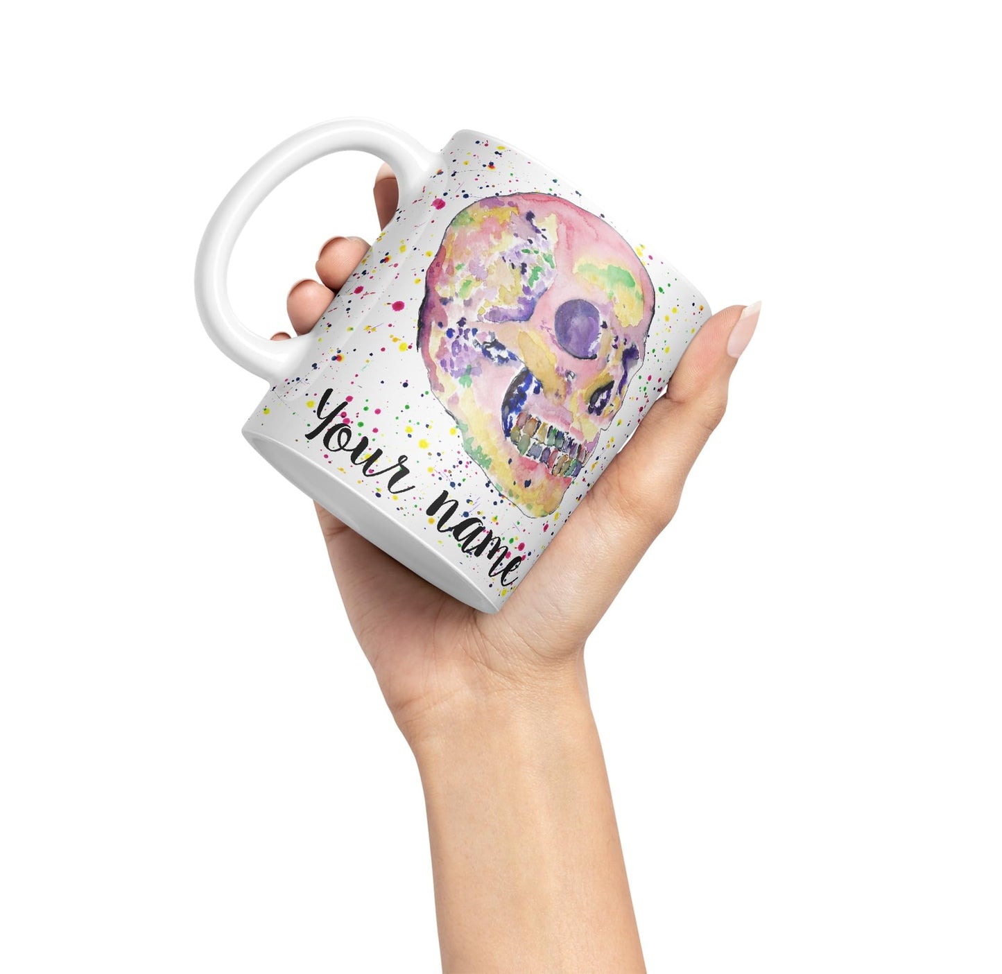 Vixar Personalised with Your Text Skull Watercolour Art Coloured Ceramic Mug Cup Gift 330ml 11oz Custom Work Office Tea Coffee (O2)