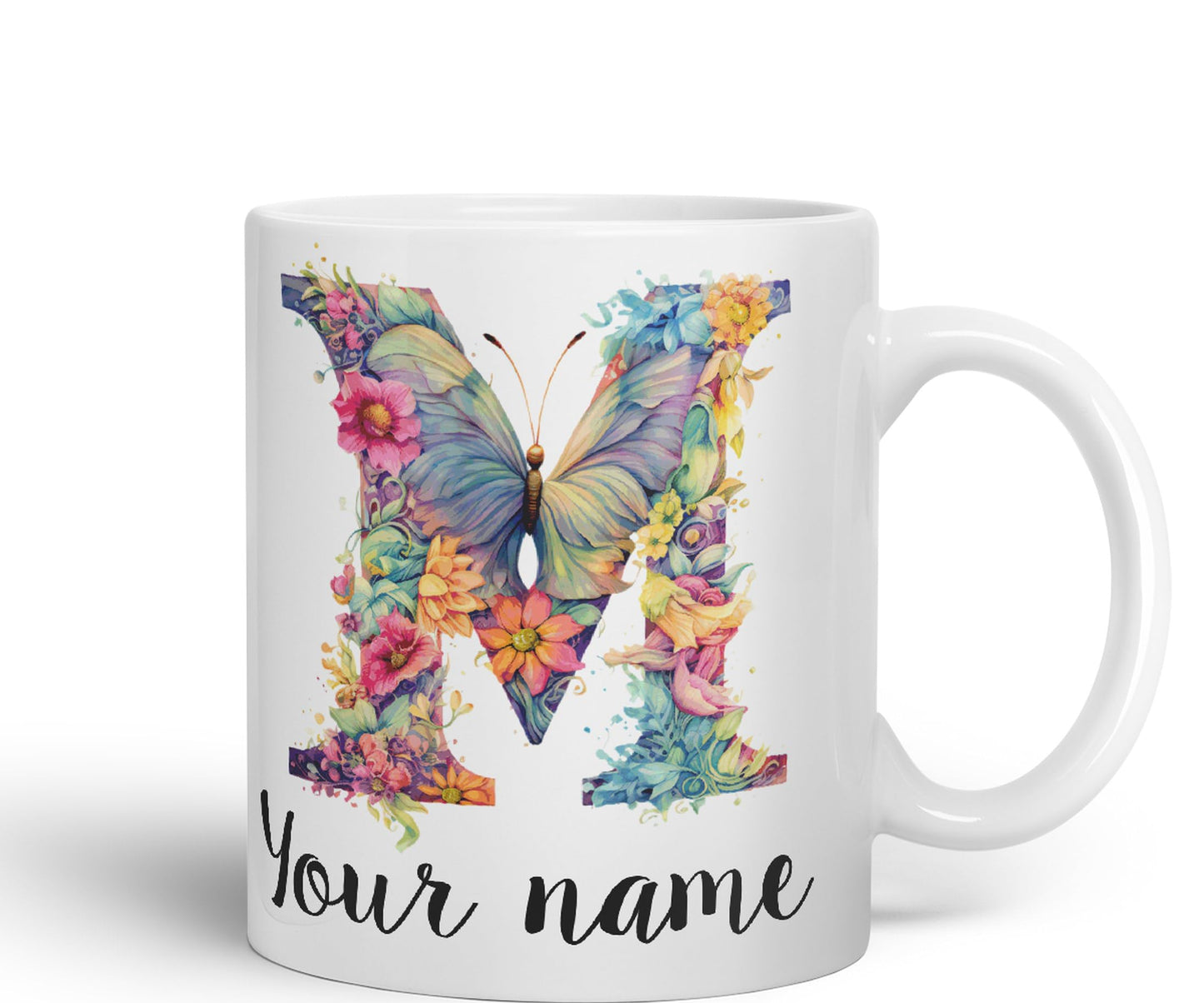 Personalised Letter M mug, Customized Custom Floral flowers butterfly Alphabet Letter M Monogram watercolour Ceramic Coloured Mug Cup for Tea Coffee Hot brew 330ml 11Oz Gift