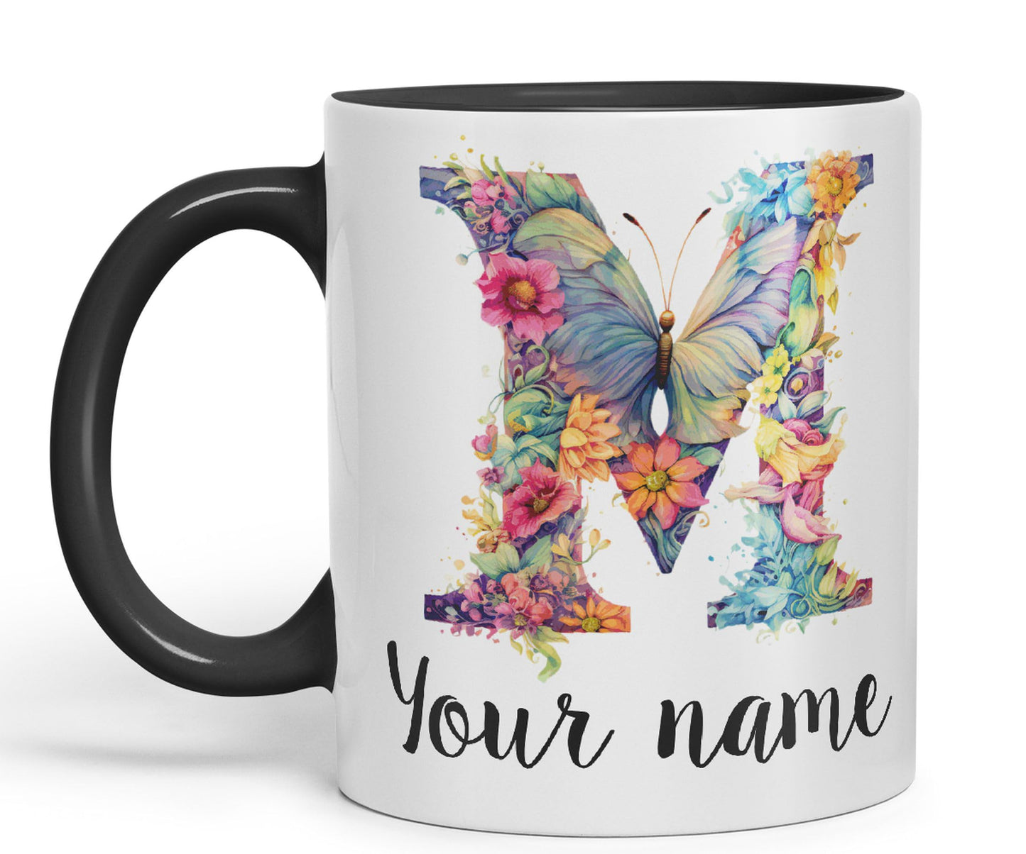 Personalised Letter M mug, Customized Custom Floral flowers butterfly Alphabet Letter M Monogram watercolour Ceramic Coloured Mug Cup for Tea Coffee Hot brew 330ml 11Oz Gift