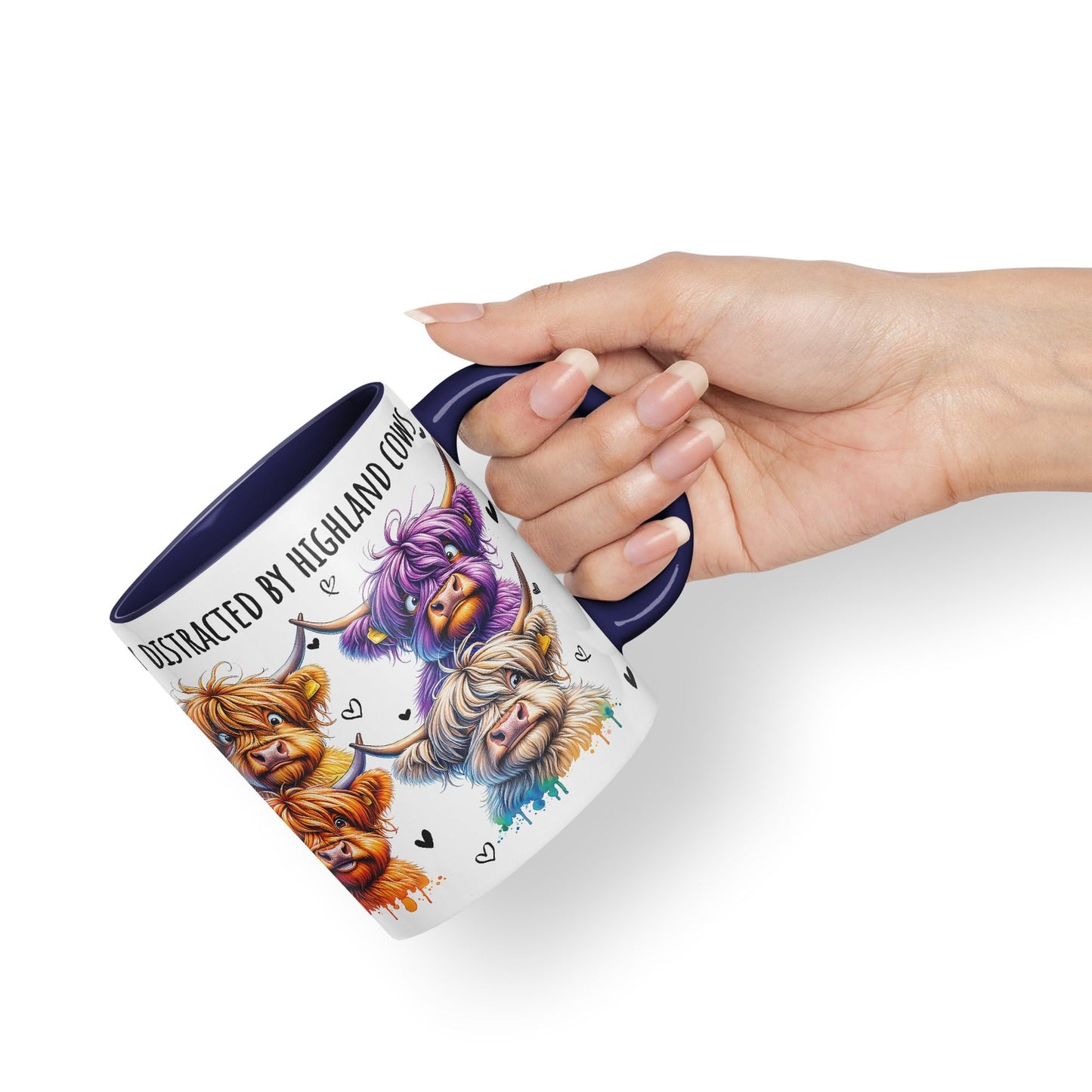 Easily Distracted by Highland Cows Scottish Farm Animals Ceramic Coloured Mug Cup for Tea Coffee Hot Brew 330ml 11Oz Gift