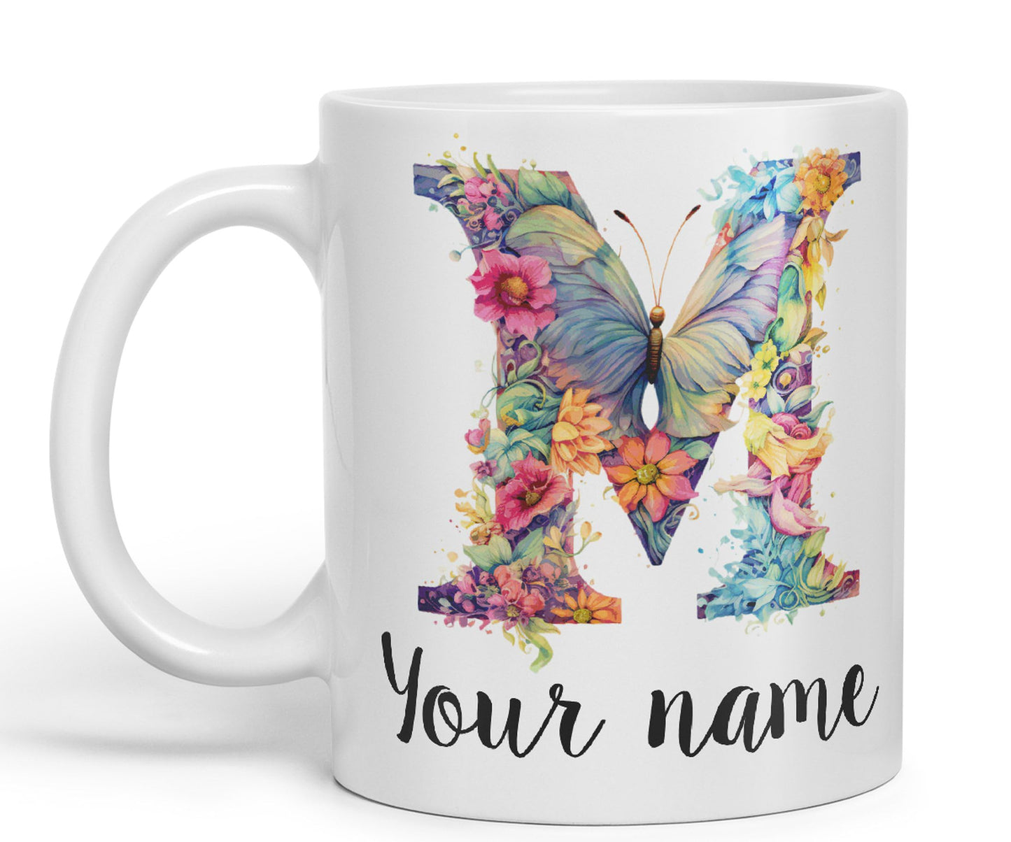 Personalised Letter M mug, Customized Custom Floral flowers butterfly Alphabet Letter M Monogram watercolour Ceramic Coloured Mug Cup for Tea Coffee Hot brew 330ml 11Oz Gift