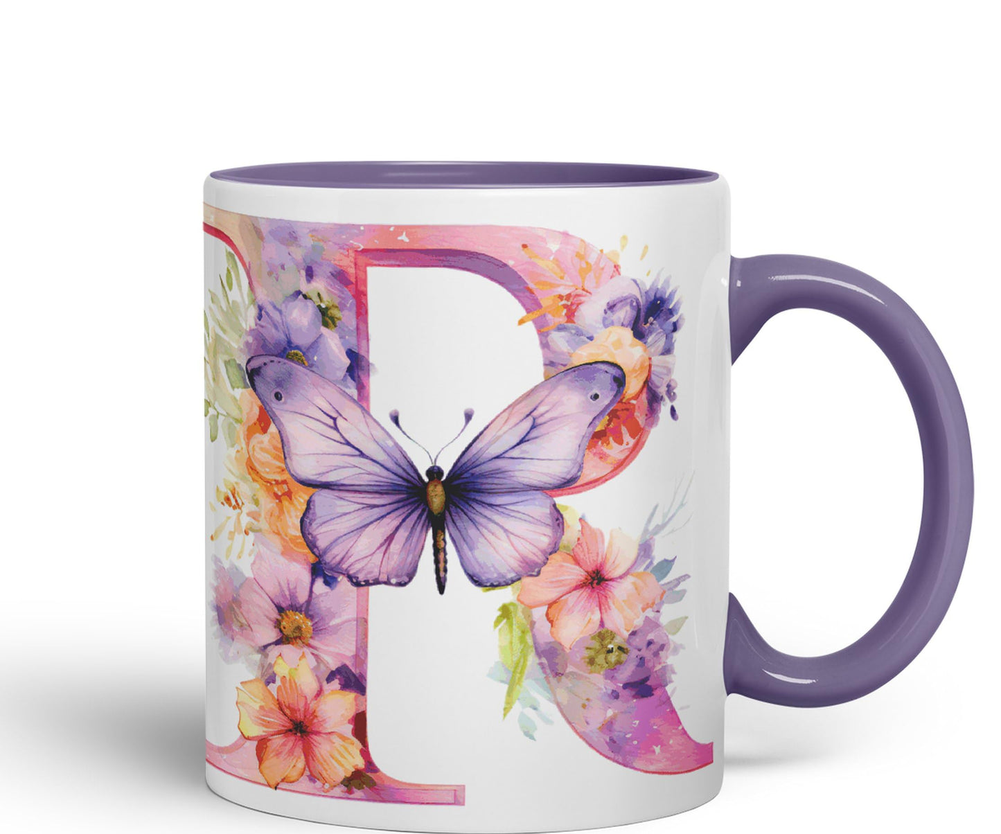 Letter R mug, Floral flowers butterfly Alphabet Letter R Monogram watercolour Ceramic Coloured Mug Cup for Tea Coffee Hot brew 330ml 11Oz Gift