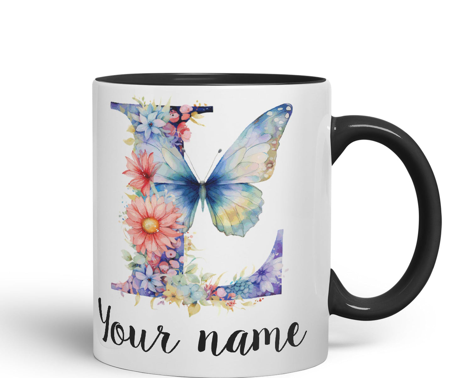 Personalised Letter L mug, Customized Custom Floral flowers butterfly Alphabet Letter L Monogram watercolour Ceramic Coloured Mug Cup for Tea Coffee Hot brew 330ml 11Oz Gift