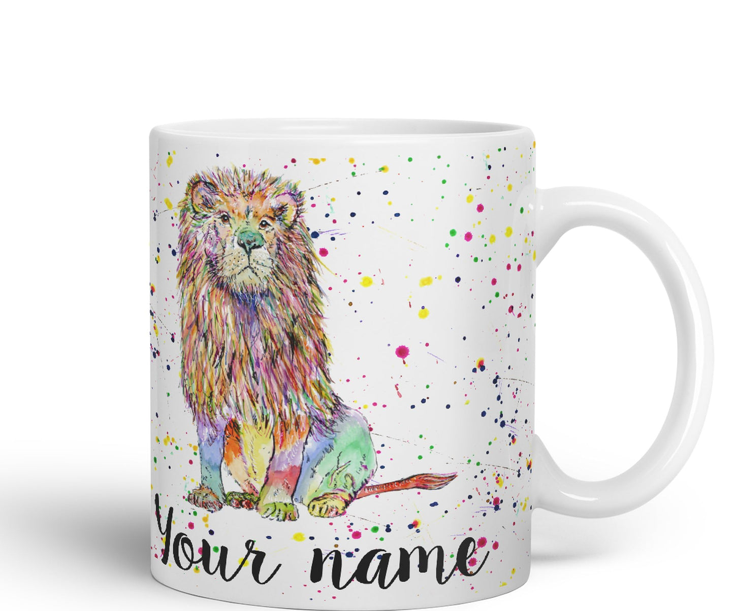 Vixar Personalised with Your Text Lion Cat King Safari Animals Watercolour Art Coloured Ceramic Mug Cup Gift 330ml 11oz Custom Work Office Tea Coffee