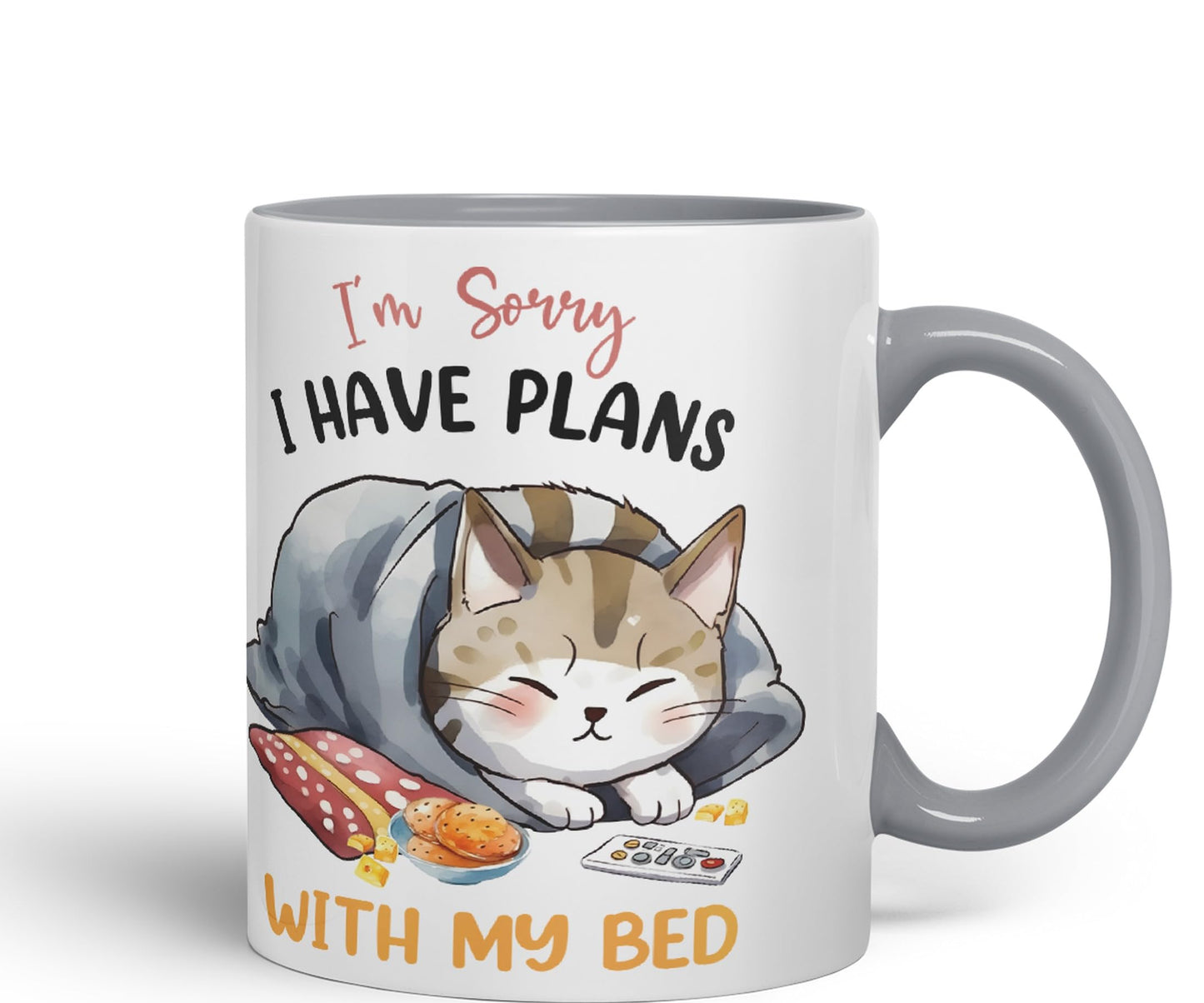 I'm Sorry, I Have Plans with My Bed, cat Sarcastic Joke Ceramic Coloured Mug Cup for Tea Coffee Hot Brew 330ml 11Oz
