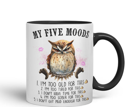 My Five Moods owl Sarcastic Joke Ceramic Coloured Mug Cup for Tea Coffee Hot Brew 330ml 11Oz