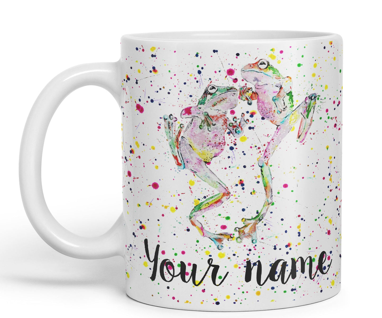 Personalised mug with Your Text name dancing Frogs Frog animals Watercolour Art Coloured Ceramic Mug Cup Gift 330ml 11oz Custom Work Office Tea Coffee