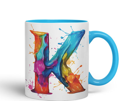 Letter K mug, Alphabet Letter K Monogram watercolour Ceramic Coloured Mug Cup for Tea Coffee Hot brew 330ml 11Oz Gift