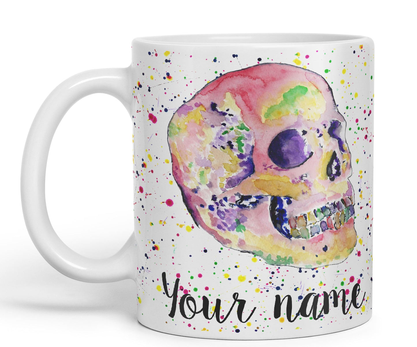 Vixar Personalised with Your Text Skull Watercolour Art Coloured Ceramic Mug Cup Gift 330ml 11oz Custom Work Office Tea Coffee (O2)