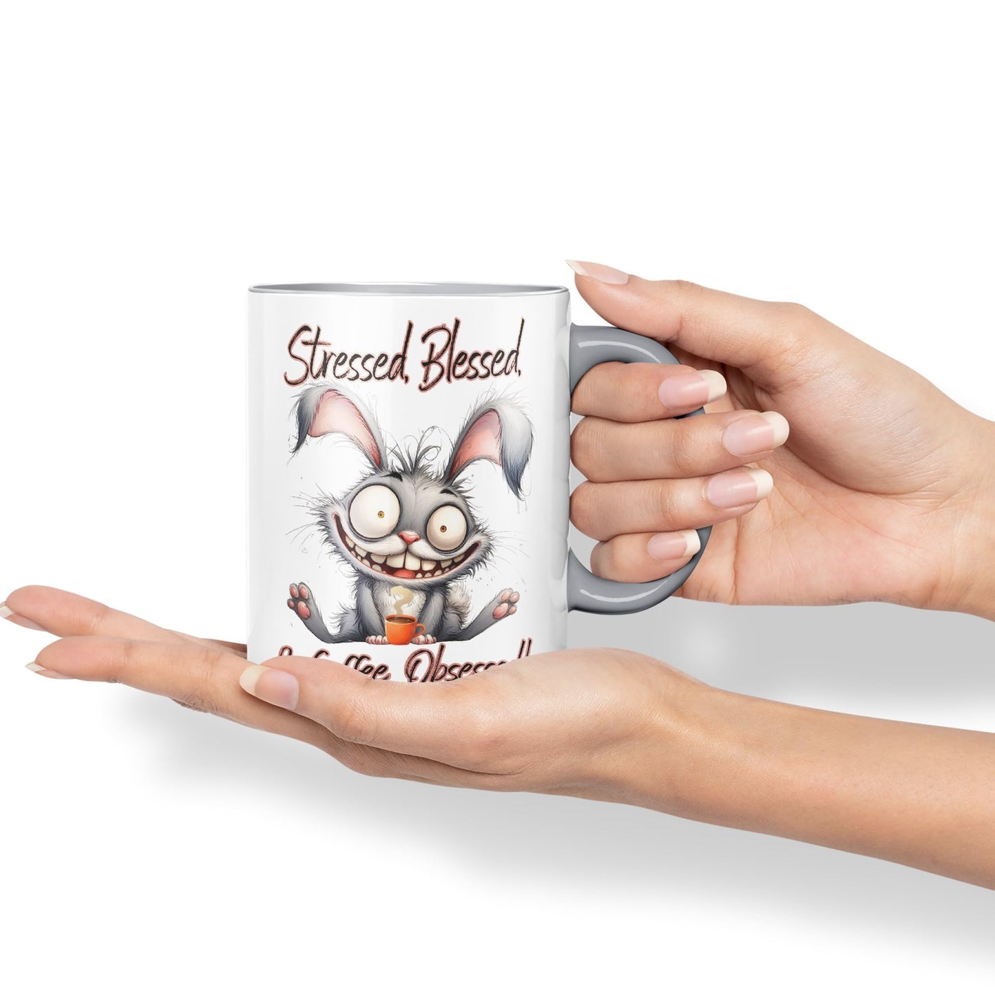 Stressed, Blessed & Coffee Obsessed! Bunny Hare Joke sarkasm Sarcastic Ceramic Coloured Mug Cup for Tea Coffee Hot Brew 330ml 11Oz Gift