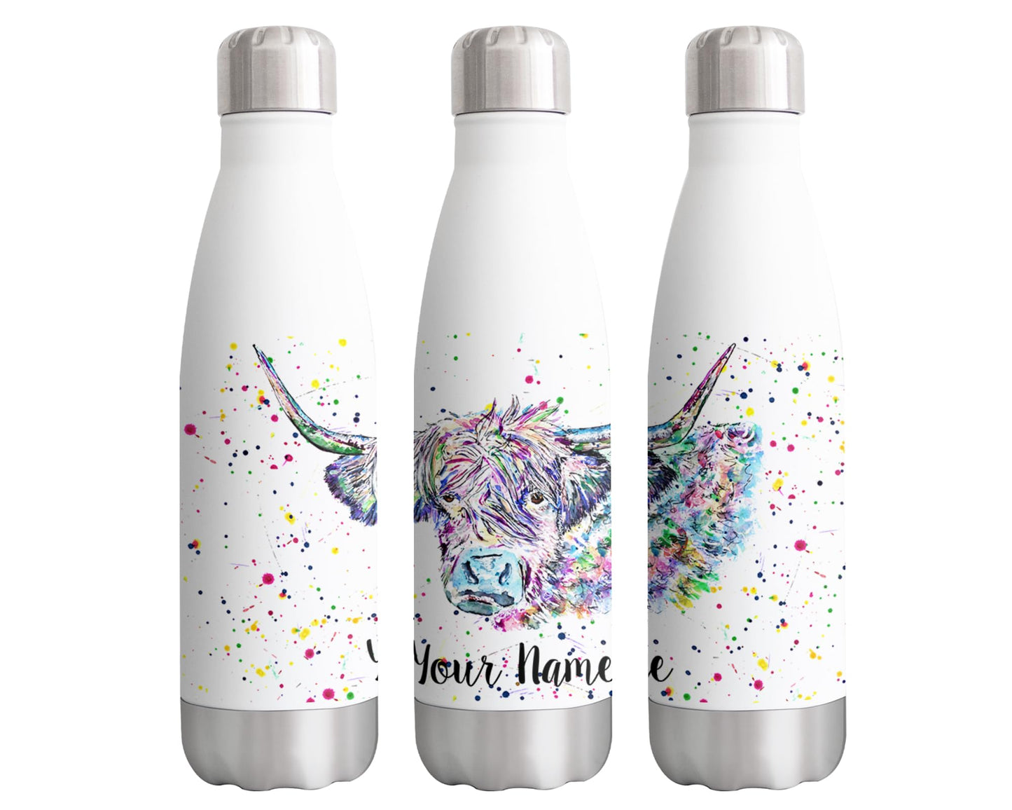 Highland Cow Personalised Custom Bottle with Your Text/Name Watercolour Scottish Farm Animals Bottle Double Wall Insulated Stainless Steel Sport Drinks 500ml HC2