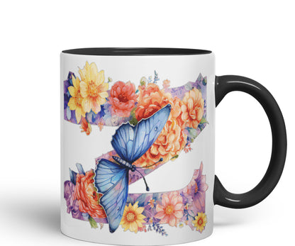 Letter Z mug, Floral flowers butterfly Alphabet Letter Z Monogram watercolour Ceramic Coloured Mug Cup for Tea Coffee Hot brew 330ml 11Oz Gift