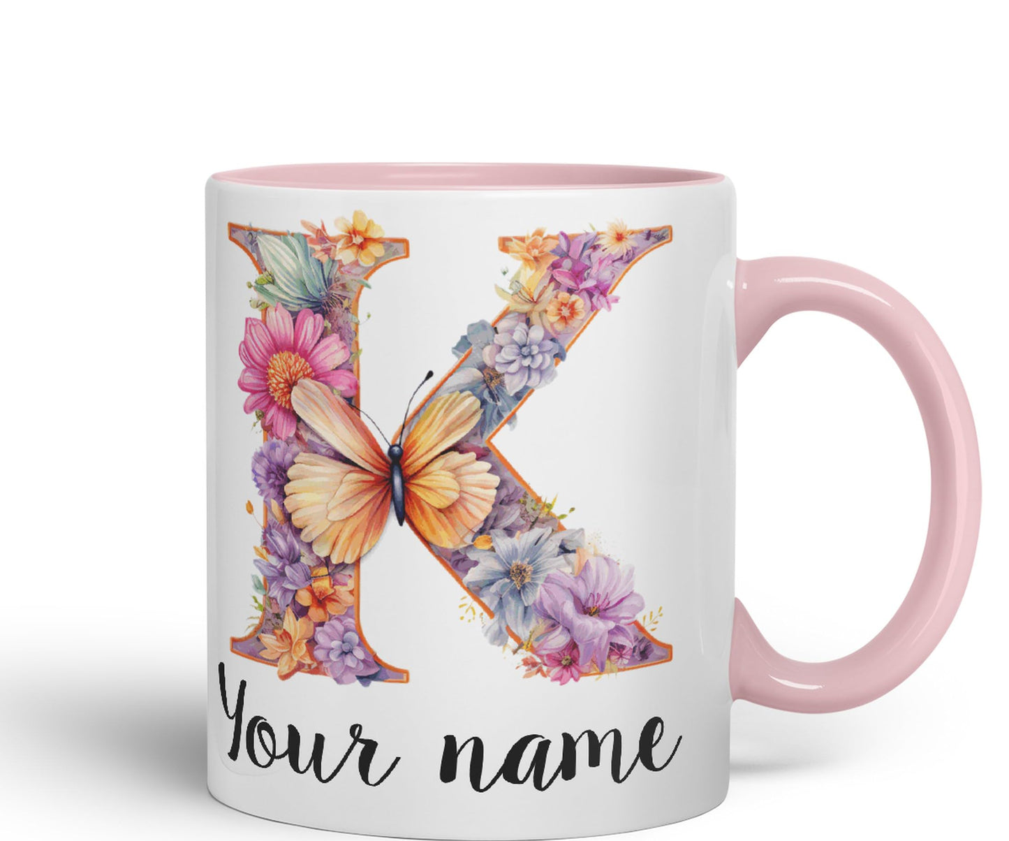 Personalised Letter K mug, Customized Custom Floral flowers butterfly Alphabet Letter K Monogram watercolour Ceramic Coloured Mug Cup for Tea Coffee Hot brew 330ml 11Oz Gift