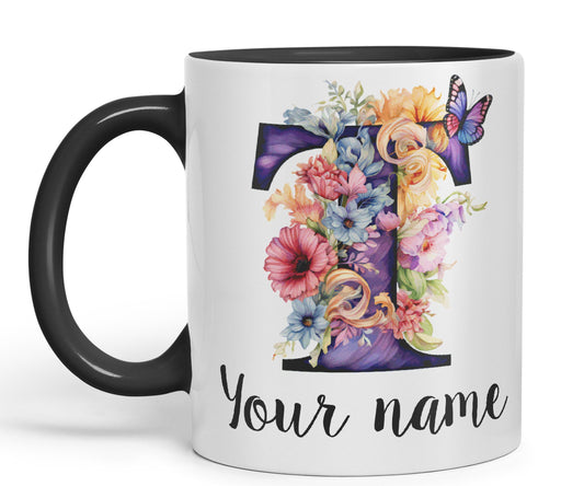 Personalised Letter T mug, Customized Custom Floral flowers butterfly Alphabet Letter T Monogram watercolour Ceramic Coloured Mug Cup for Tea Coffee Hot brew 330ml 11Oz Gift