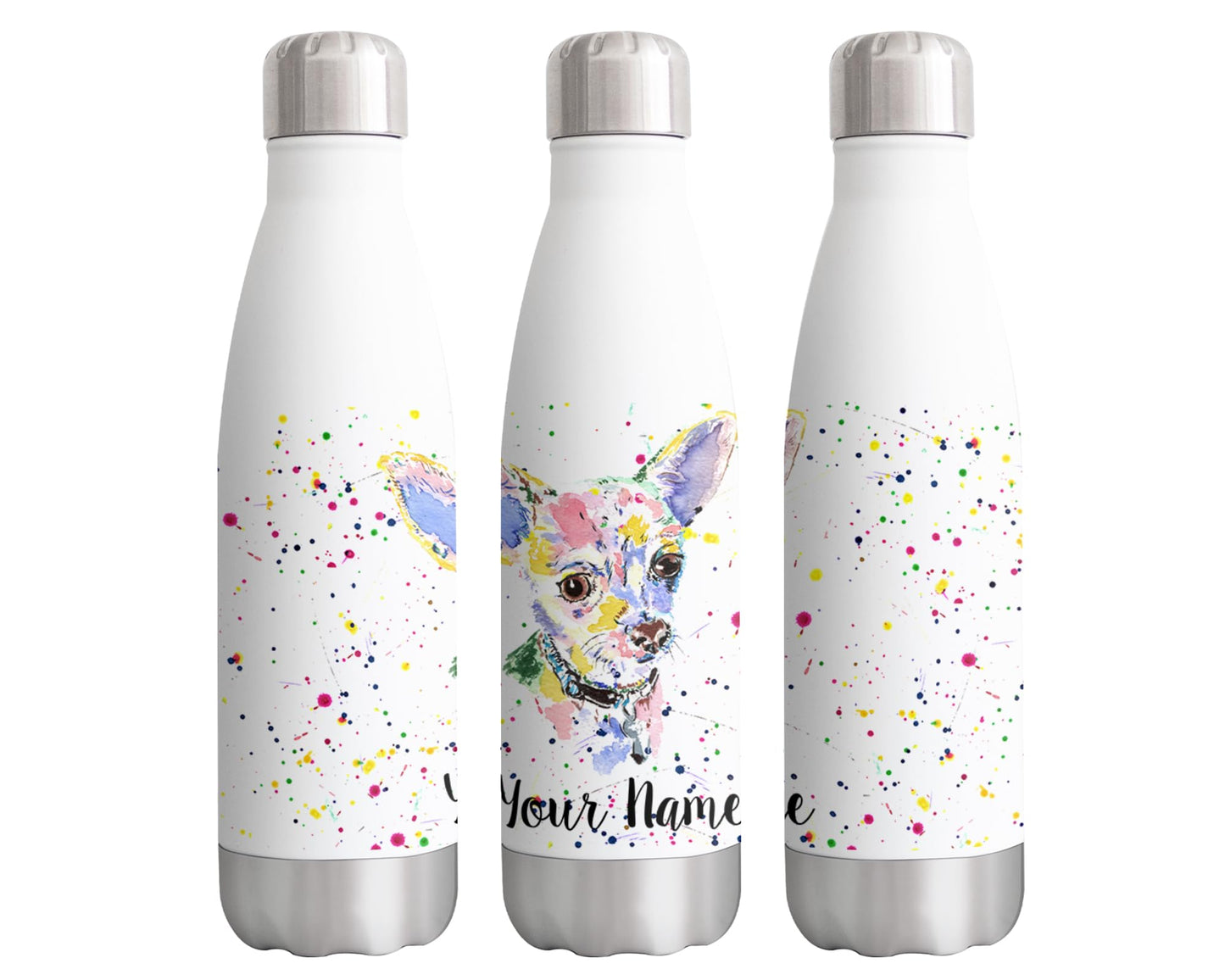 Chihuahua Short Hair Personalised Custom Bottle with Your Text/Name Dog pet Animals Watercolour Bottle Double Wall Insulated Stainless Steel Sport Drinks 500ml