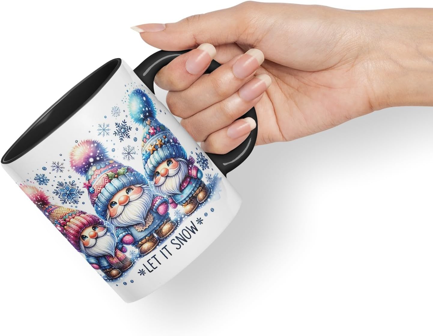 Vixar Let It Snow Cute Christmas Gnomes Coloured Mug Cup Winter Gift 11oz (Black)