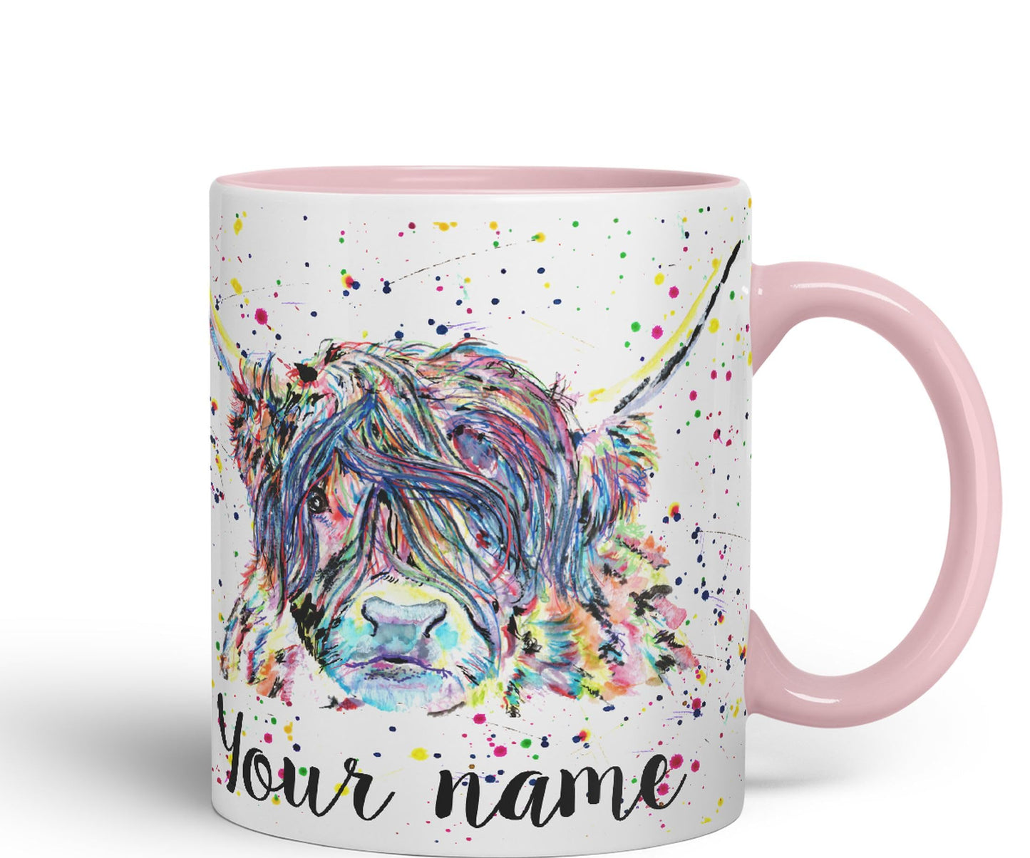 Vixar Personalised with Your Text Highland Cow Scottish Farm Animals Watercolour Art Coloured Mug Cup Gift Birthday Custom Work Office Tea Coffee (P01)