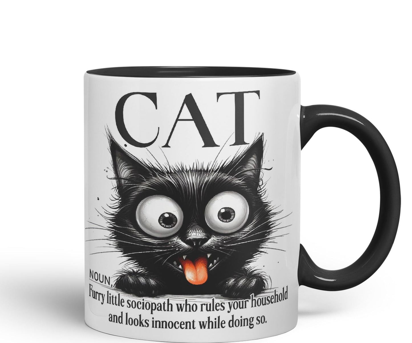 Cat Noun, Furry Little sociapath who Rules Your Household and Looks Innocent White Doing so, Joke sarkasm Sarcastic Ceramic Coloured Mug Cup for Tea Coffee Hot Brew 330ml 11Oz Gift