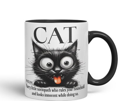 Cat Noun, Furry Little sociapath who Rules Your Household and Looks Innocent White Doing so, Joke sarkasm Sarcastic Ceramic Coloured Mug Cup for Tea Coffee Hot Brew 330ml 11Oz Gift