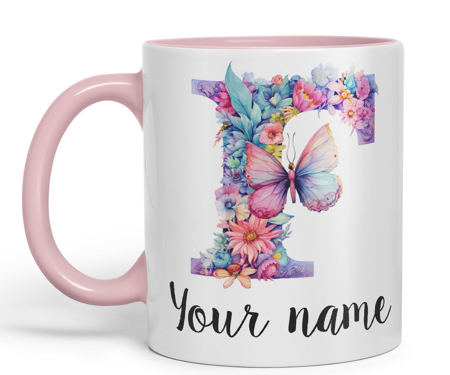 Personalised Letter F mug, Customized Custom Floral flowers butterfly Alphabet Letter F Monogram watercolour Ceramic Coloured Mug Cup for Tea Coffee Hot brew 330ml 11Oz Gift