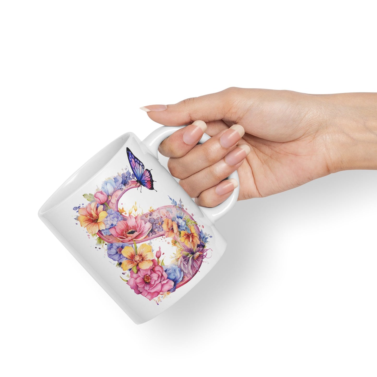 Letter S mug, Floral flowers butterfly Alphabet Letter S Monogram watercolour Ceramic Coloured Mug Cup for Tea Coffee Hot brew 330ml 11Oz Gift