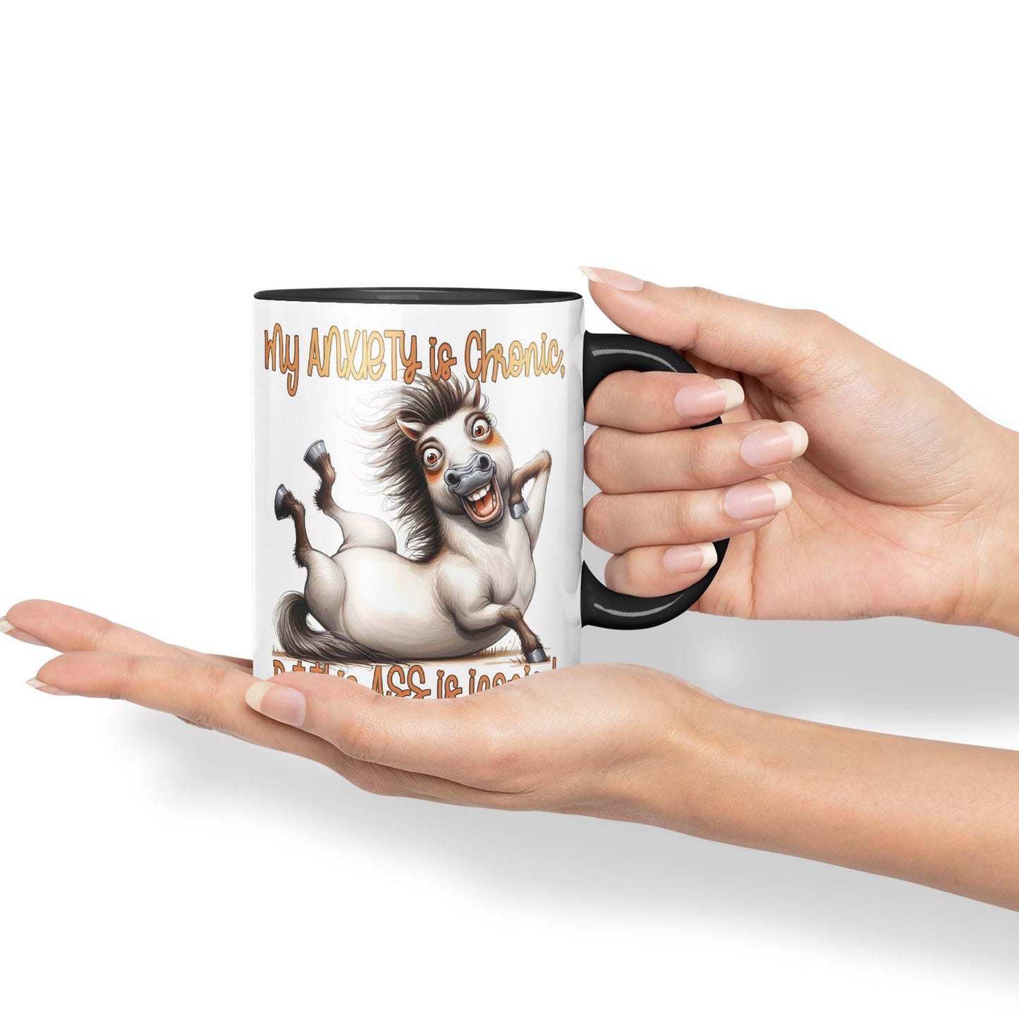 My Anxiety is Chronic, But This a.. is Iconic!, Horse Joke sarkasm Sarcastic Ceramic Coloured Mug Cup for Tea Coffee Hot Brew 330ml 11Oz Gift