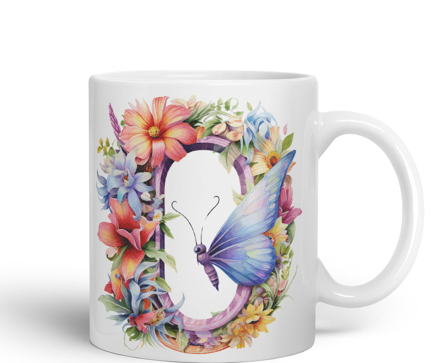 Letter O mug, Floral flowers butterfly Alphabet Letter O Monogram watercolour Ceramic Coloured Mug Cup for Tea Coffee Hot brew 330ml 11Oz Gift