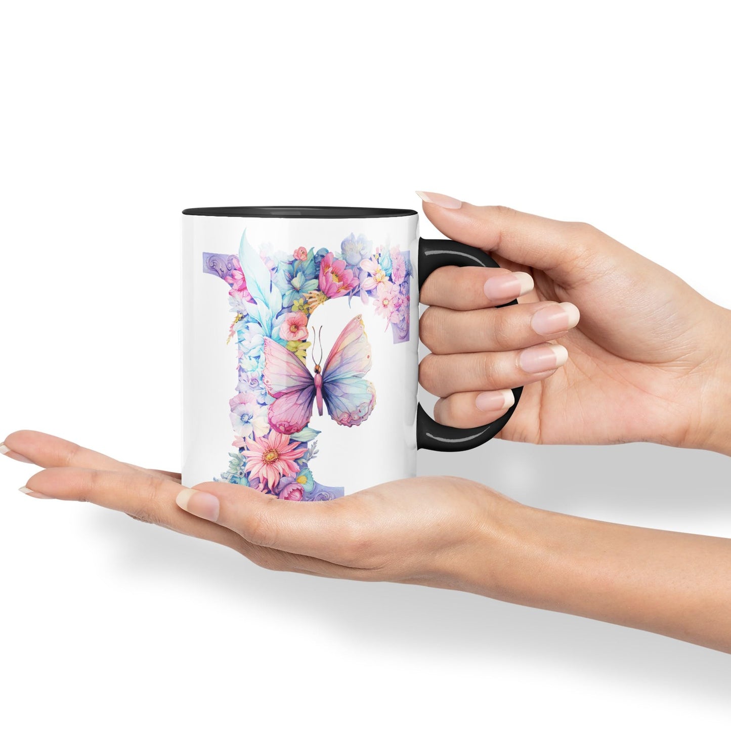Letter F mug, Floral flowers butterfly Alphabet Letter F Monogram watercolour Ceramic Coloured Mug Cup for Tea Coffee Hot brew 330ml 11Oz Gift